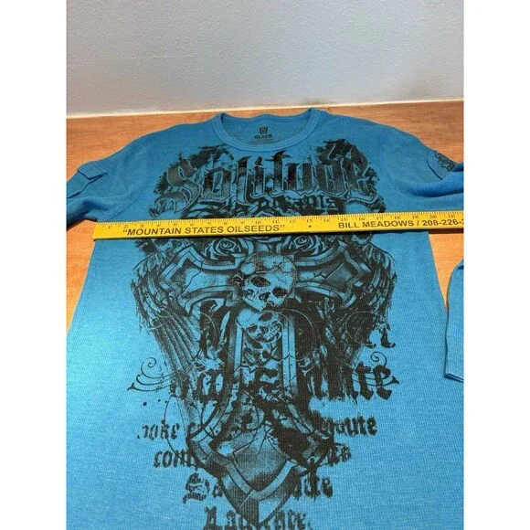 CJ Black Thermal Shirt Mens Waffle Knit Y2K Jnco Affliction Long Sleeve Size XL - Picture 5 of 6